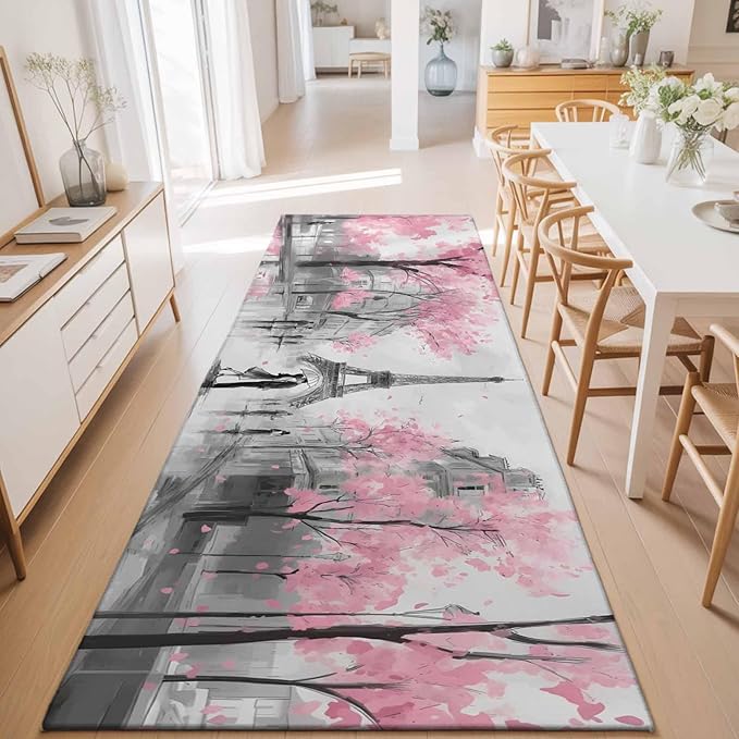 Runner Rug for Bedroom Hallway, Vintage Towel Couple Pink Flower Kitchen Runner Rugs Area Rug 2x6ft, Watercolor Modern City Scene Washable Soft Floor Carpet for Entryway Stair
