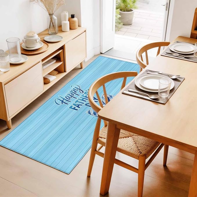 Runner Rug for Bedroom Hallway, Father's Day Vintage Plank Kitchen Runner Rugs Area Rug 2x6ft, Cartoon Blue Stripes Bow Washable Soft Floor Carpet for Entryway Stair