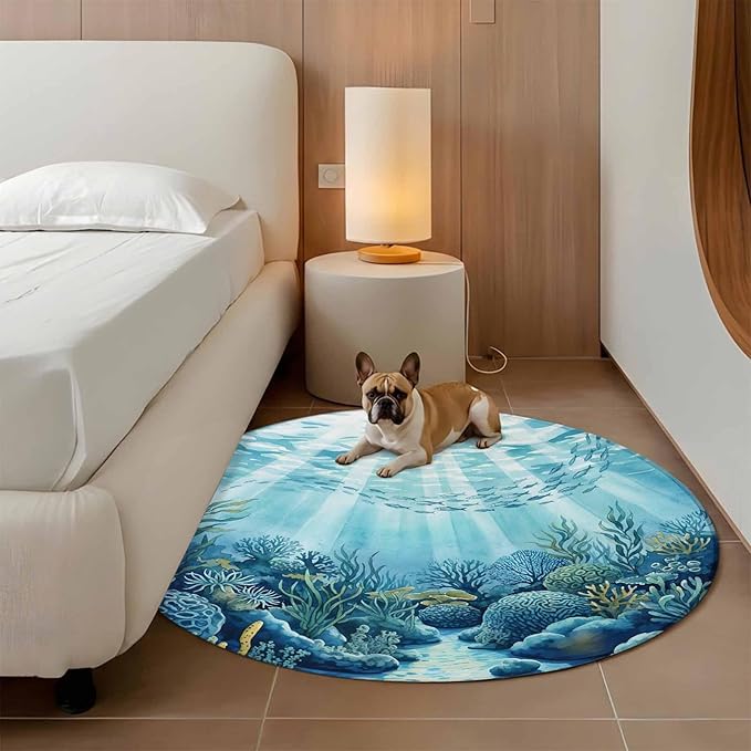 Washable Round Area Rug Underwater World Coral Seaweed Circle Rugs Floor Carpet for Living Room Bedroom, Seafloor Ocean Life Fish Soft Non Slip Round Rug 4ft