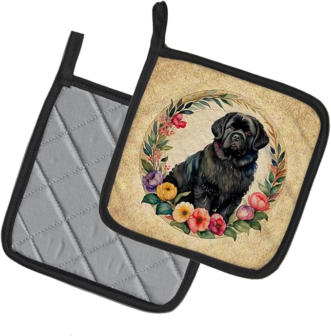 Caroline's Treasures Newfoundland and Flowers Pair of Pot Holders Kitchen Heat Resistant Pot Holders Sets Oven Hot Pads for Cooking Baking BBQ, 7 1/2 x 7 1/2