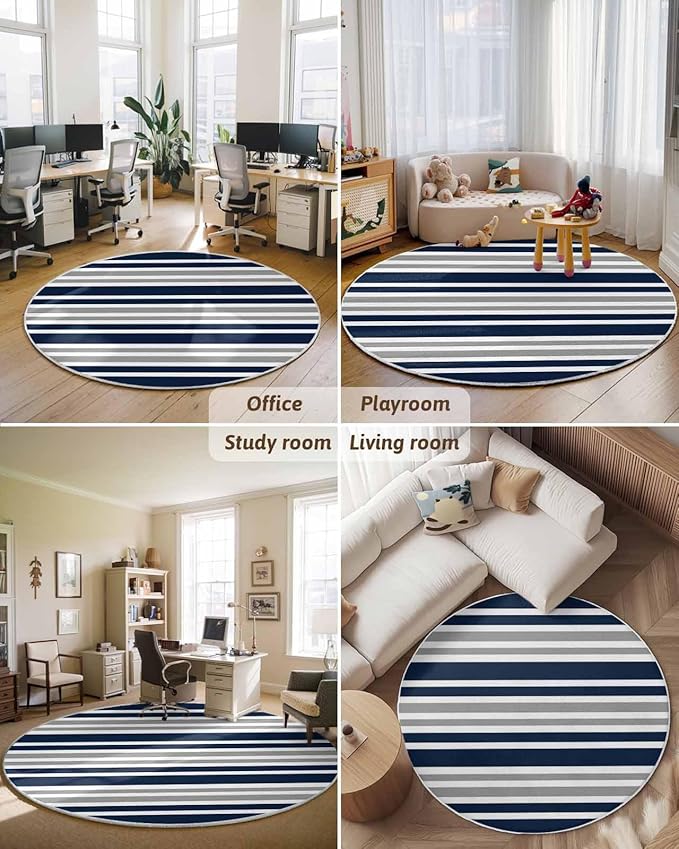 Round Area Rug,Navy Blue Gray Stripe Circle Living Room Rug Non-Slip Rugs Indoor Carpet,Modern Minimalist Style Soft Comfort Rugs for Bedroom KidsRoom Nursery