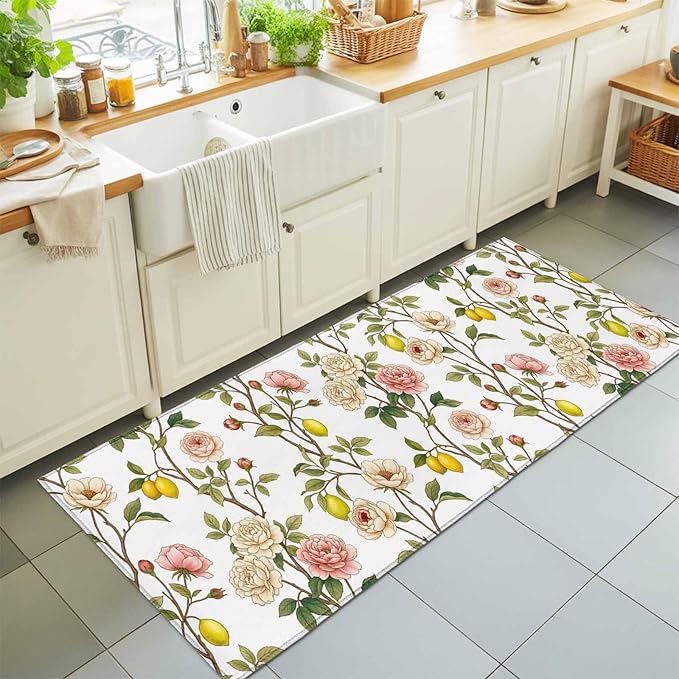 Runner Rug for Bedroom Hallway, Country Blossom Flower Plant Kitchen Runner Rugs Area Rug 2x6ft, Summer Lemon Leaf Seamless Washable Soft Floor Carpet for Entryway Stair