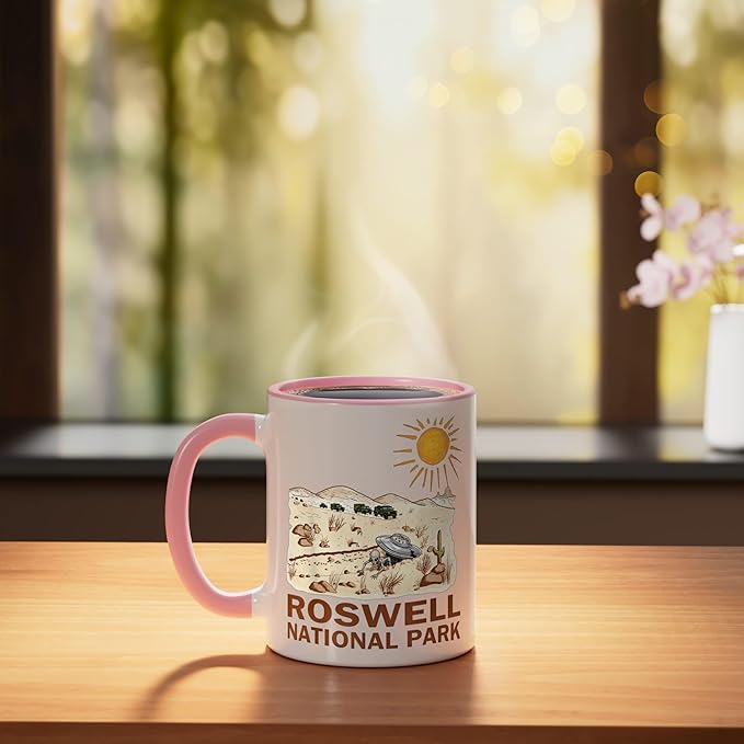 Roswell National Park UFO Flying Saucer Crash 1947 UAP Alien Ceramic Mug, Pink/White