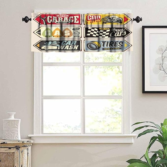 1950s Valances Curtains Vintage Car Signs Automobile Advertising Repair Vehicle Garage Classics Servicing, Windows Short Curtain Valance for Kitchen Bedroom with Rod Pocket, One Panel 54X18 Inches