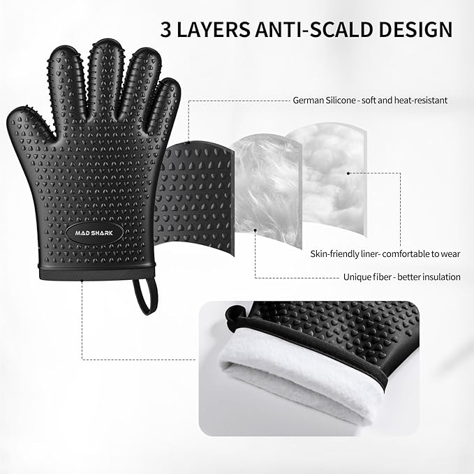 MAD SHARK Silicone Oven Mitts Heat Resistant 450°F,Waterproof & Non-Slip Oven Gloves with Fingers,Cotton Lined Silicone Oven Gloves Kitchen Mitts for Baking Cooking Barbecue,Women,Oven(Black)