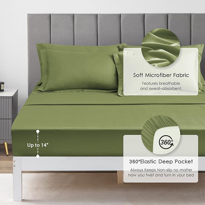 Love's cabin California King Comforter Set Olive Green, 7 Pieces California King Bed in a Bag, All Season Bedding Sets with 1 Comforter, 1 Flat Sheet, 1 Fitted Sheet, 2 Pillowcase and 2 Pillow Sham | Soft, Breathable, Lightweight, Comfortable