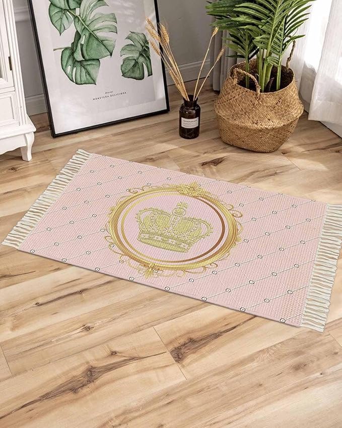 Kitchen Runner Rugs, Golden Crown Queen Pink Lattice 2'x3' Throw Rug with Tassels, White Dot Washable Soft Floor Carpet Runner for Hallway Bedroom Bathroom Laundry Room