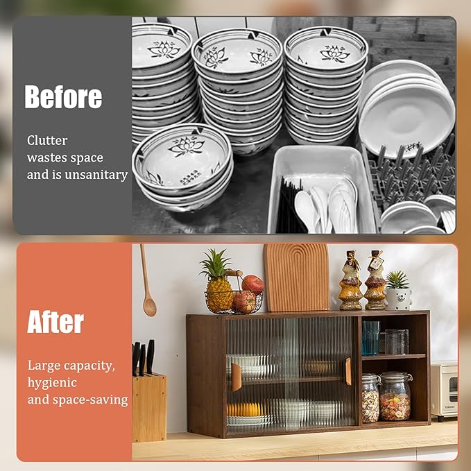 Countertop Kitchen Pantry Cabinet,Bamboo Wall Sideboard with Sliding Glass Doors,Pantry Cabinet for Kitchen, Living Room,Dinning,Bedroom,Walnut,31.5" W