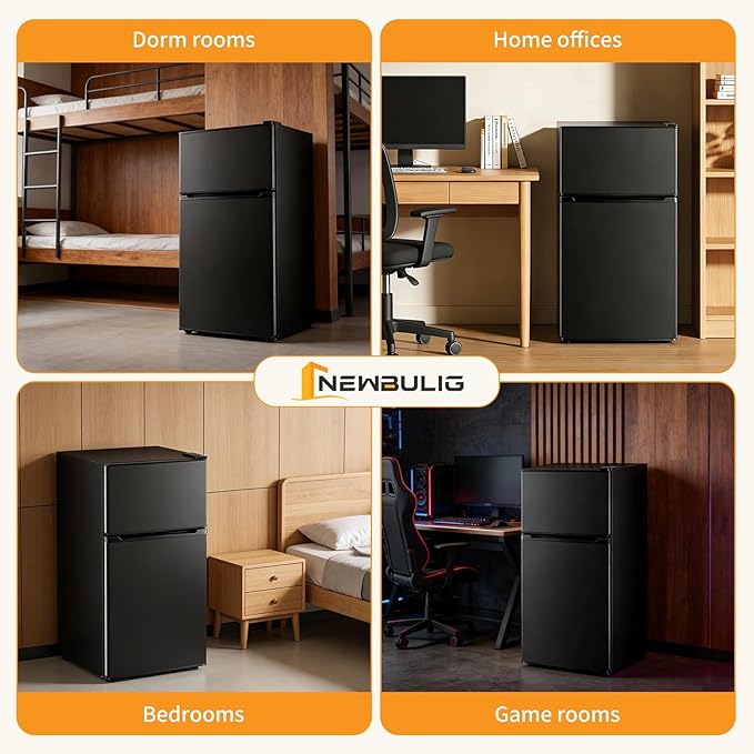 NEWBULIG Mini Fridge with Freezer 3.2 Cu.Ft Small Refrigerator for Office, Dorm, Small Fridge with Adjustable Thermostat, Energy Saving, Dual Door, Black