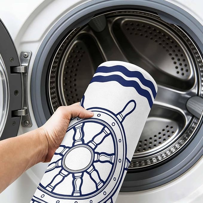 Area Rug 8x10ft, Summer Marine Nautical Ship Rudder Washable Rugs for Living Room Bedroom, Ocean Theme Navy Blue White Soft Non-Slip Area Rugs Rectangle Floor Carpet for Dining Room