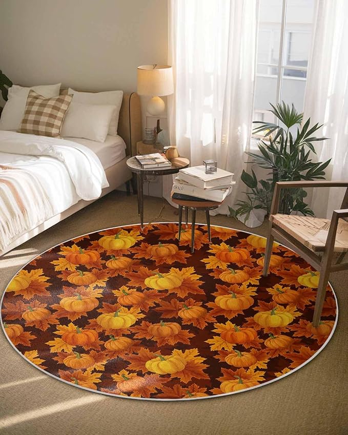 Round Area Rug,Autumn Thanksgiving Pumpkin Watercolor Circle Living Room Rug Non-Slip Rugs Indoor Carpet,Orange Maple Leaves Seamless Soft Comfort Rugs for Bedroom KidsRoom Nursery