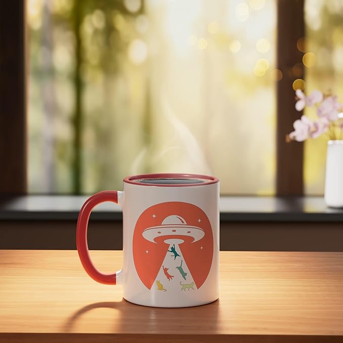 Cat UFO Funny Cat humor Kitten Owner UFO lover flying saucer Ceramic Mug, Red/White