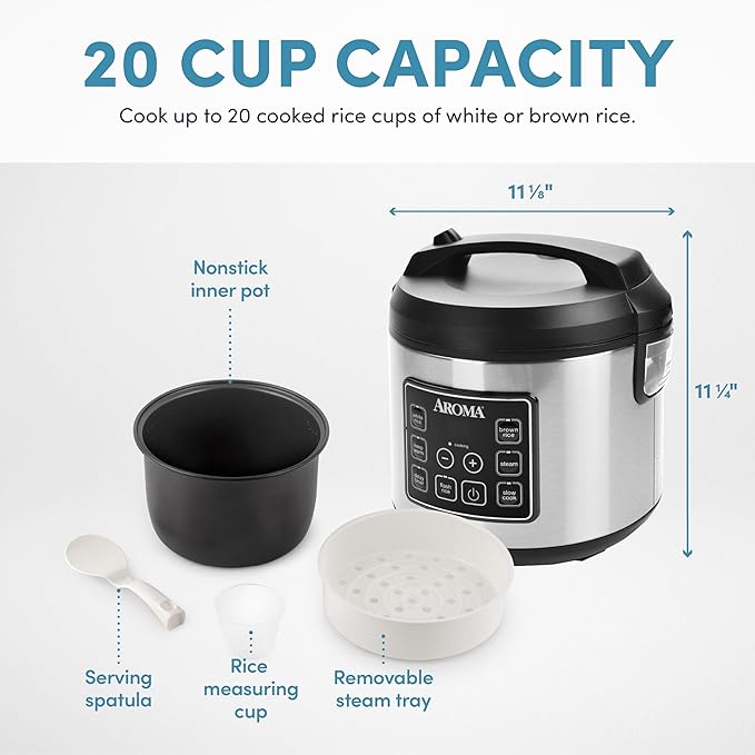 Aroma Housewares 20 Cup Cooked (10 cup uncooked) Digital Rice Cooker, Slow Cooker, Food Steamer, SS Exterior (ARC-150SB),Black