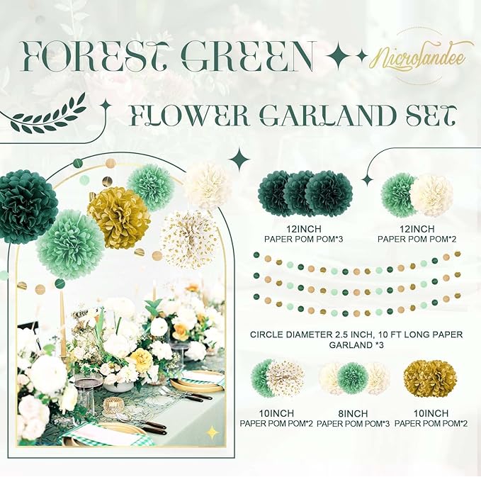 NICROLANDEE Green Wedding Party Decorations - 15 PCS Green Tissue Paper Pom Poms, Dots Paper Garland for Neutral Baby Shower, St. Patrick's Day Party, Birthday, Bridal Showers, Rustic Wedding Decor