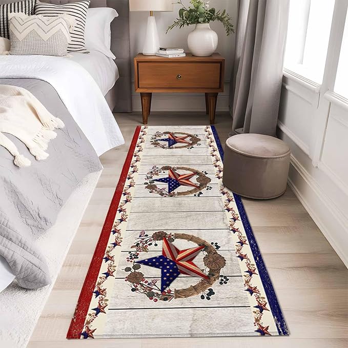 Runner Rug for Bedroom Hallway, Retro USA Flag Star and Berry Kitchen Runner Rugs Area Rug 2x6ft, Wooden Texture Washable Soft Floor Carpet for Entryway Stair
