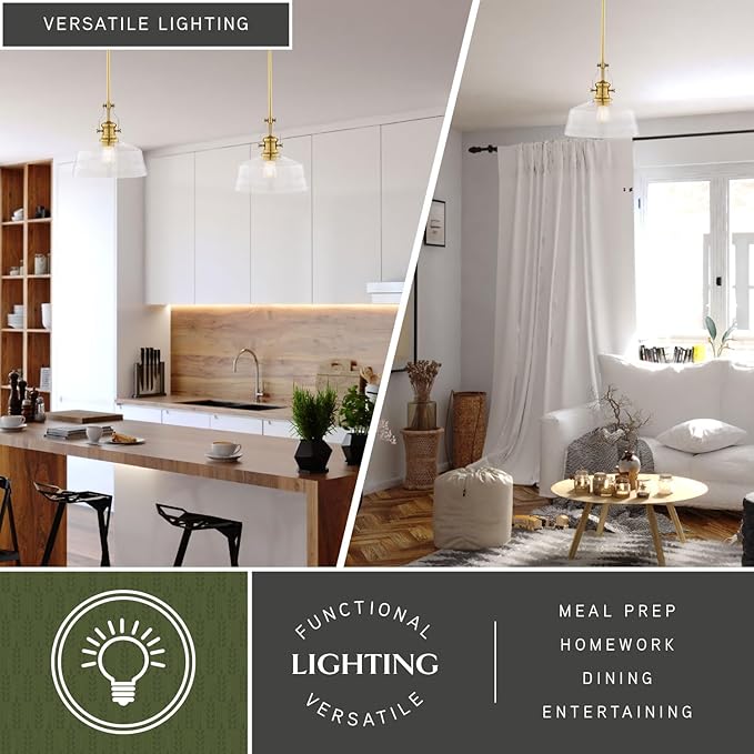 VAXCEL Beloit 1-Light Brushed Gold Farmhouse Pendant Light, Clear Seeded Glass Shade, Adjustable Height, Kitchen Islands, Dining Rooms, or Living Spaces, LED Compatible, Dimmable, Sloped Ceiling