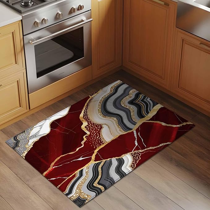 Area Rug 2x3ft, Abstract Flowing Marble Fluid Art Washable Rugs for Living Room Bedroom, Red and Gold Lines Soft Non-Slip Area Rugs Rectangle Floor Carpet for Dining Room
