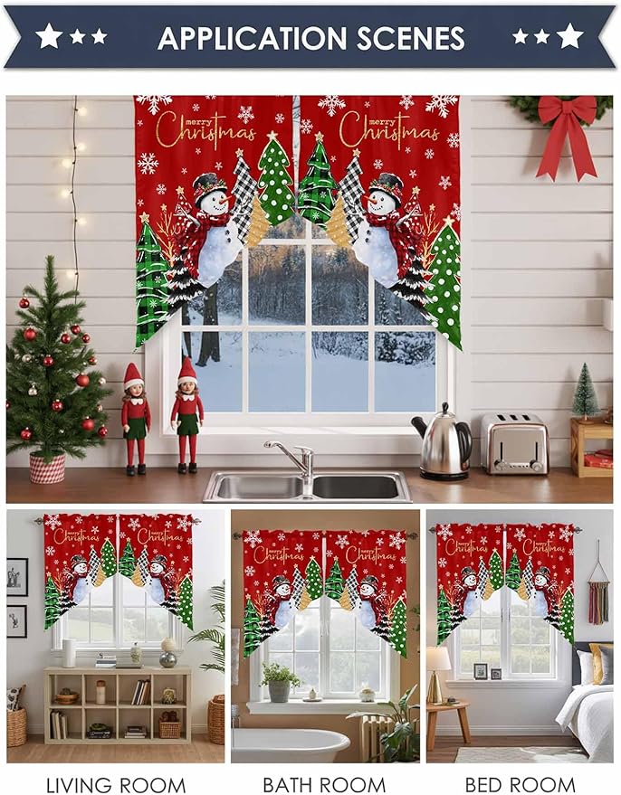 Merry Christmas Swag Valance Curains Snowflake Green Xmas Tree Snowman Red Rod Pocket Kitchen Curtains Scalloped Window Treatment Valances Swag for Living Room Bedroom, 1 Pair, 28"W x 36"L