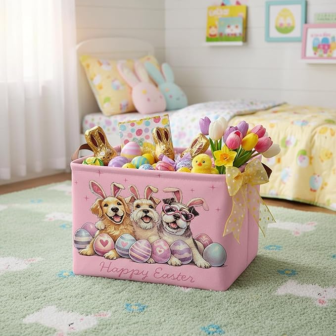 Large Rectangular Cute Kid Easter Basket Empty Bunny Eggs Easter Basket Gift Spring Room Storage Organizer Décor (E-02)