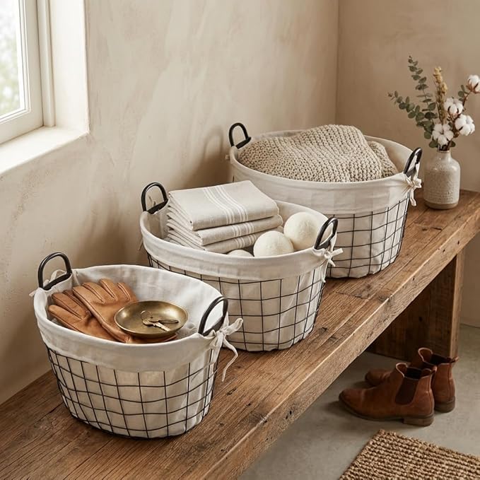 Set of 3 Lined Metal Wire Oval Basket with Handle