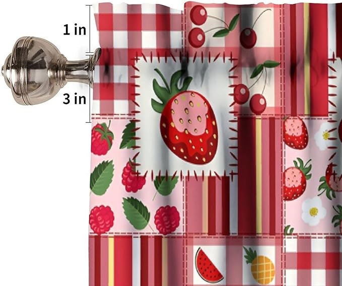Fruit Patchwork Curtain Valance, Red Strawberry Cherry Buffalo Plaid Short Rod Pocket Window Treatment for Kitchen Dining Bedroom Living Room Resturant Cafe Home Decor, 54x18Inch