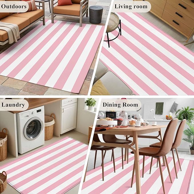 Area Rug 3x5ft, Pink White Stripe Washable Rugs for Living Room Bedroom, Classic Geometric Line Soft Non-Slip Area Rugs Rectangle Floor Carpet for Dining Room