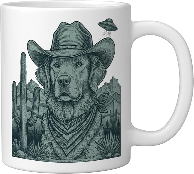Cowboy Golden Retriever With Ufo Western Dog Art Ceramic Mug, White