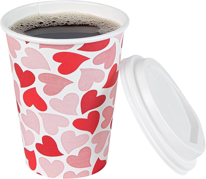 Restaurantware-Restpresso 12 Ounce Disposable Coffee Cups, 20 Valentine’s Day Cups With Plastic Lids - Red And Pink Heart Print, Rolled Rim, Paper To Go Cups, Single Wall, Serve Hot And Cold Drinks