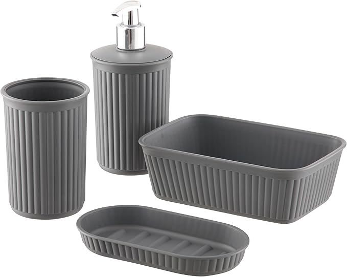 Decorative Plastic Bathroom Accessories Set, Grey (Set of 4) Soap Dish, Liquid Dispenser, Toothbrush Holder Cup, Vanity Organizer Tray - Bath Accessory Countertop Decor Gift - Ribbed Design
