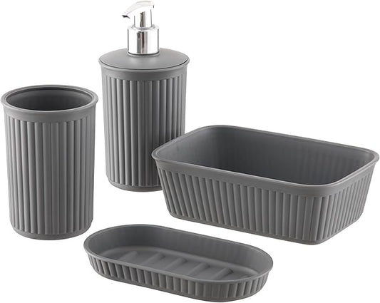 Decorative Plastic Bathroom Accessories Set, Grey (Set of 4) Soap Dish, Liquid Dispenser, Toothbrush Holder Cup, Vanity Organizer Tray - Bath Accessory Countertop Decor Gift - Ribbed Design