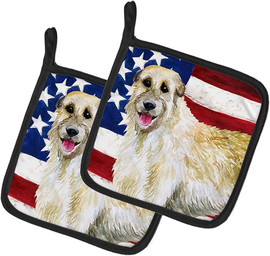 Caroline's Treasures BB9670PTHD Irish Wolfhound Patriotic Pair of Pot Holders Kitchen Heat Resistant Pot Holders Sets Oven Hot Pads for Cooking Baking BBQ, 7 1/2 x 7 1/2
