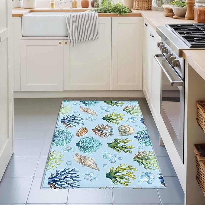 Area Rug 2x3ft, Coastal Shell Coral Bubble Washable Rugs for Living Room Bedroom, Nautical Ocean Blue Underwater Scene Soft Non-Slip Area Rugs Rectangle Floor Carpet for Dining Room