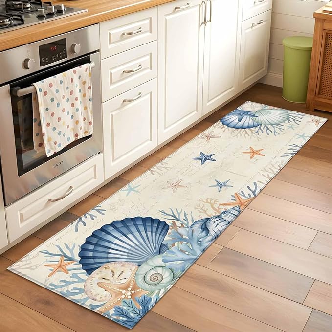 Runner Rug for Bedroom Hallway, Summer Blue Shells Starfish Kitchen Runner Rugs Area Rug 2x6ft, Vintage Coral Shells Fish Washable Soft Floor Carpet for Entryway Stair
