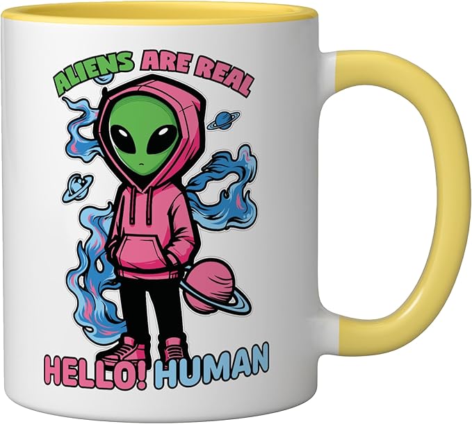 Aliens Are Real UFO Flying Saucer Grey Alien Sci-Fi Art Ceramic Mug, Yellow/White