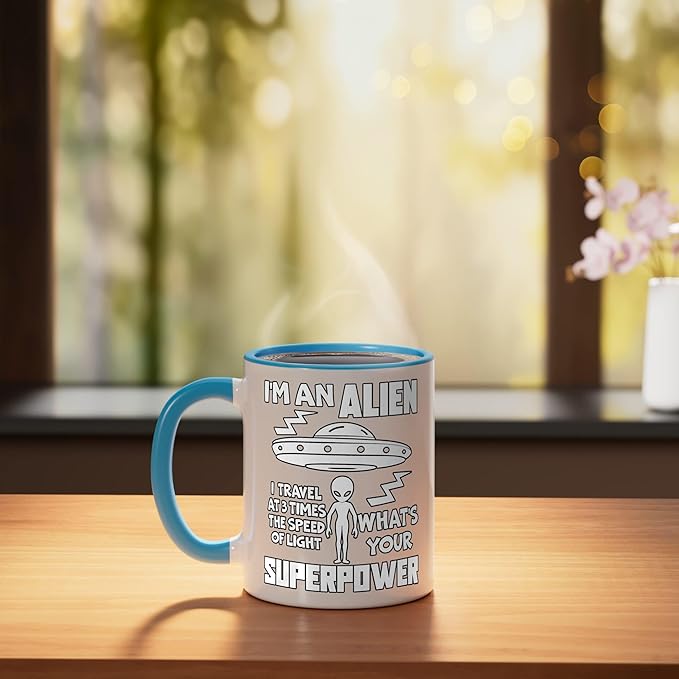 I'm An Alien Silhouette First Contact Space Apparel Ceramic Mug, Blue/White