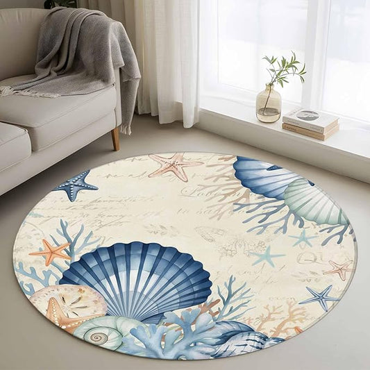Washable Round Area Rug Summer Blue Shells Starfish Circle Rugs Floor Carpet for Living Room Bedroom, Vintage Coral Shells Fish Soft Non Slip Round Rug 3ft