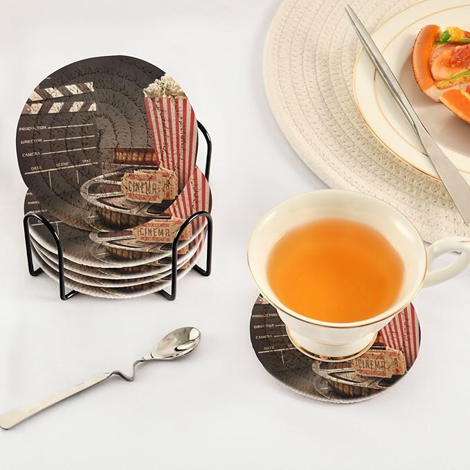 YETTASBIN Movie Theater Popcorn 6 Pcs Drink Coasters with Holder, Cotton Woven Absorbent Heat-Resistant Round Coaster Non-Slip Table Mat for Kitchen Bar Home Decor Housewarming Gift, 3.9 in