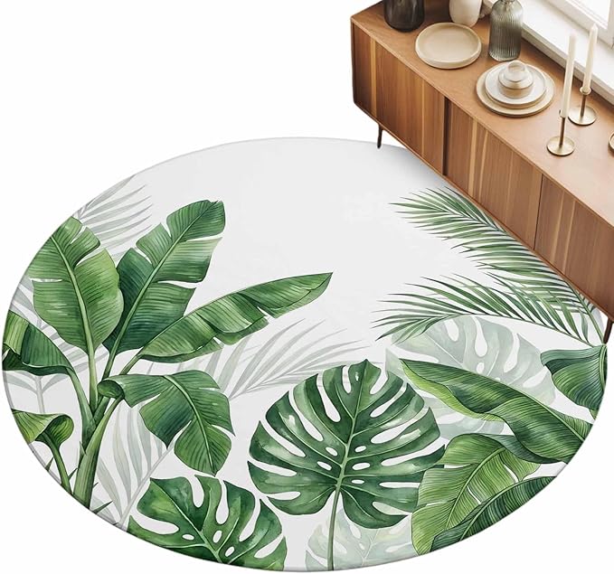 Washable Round Area Rug Watercolor Green Tropical Leaves Circle Rugs Floor Carpet for Living Room Bedroom, Botanical Palm Leaf Plants Soft Non Slip Round Rug 5ft