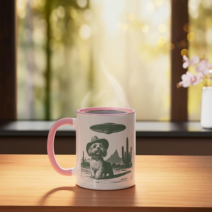 Retro Cowboy Dog UFO Desert Landscape Art Ceramic Mug, Pink/White