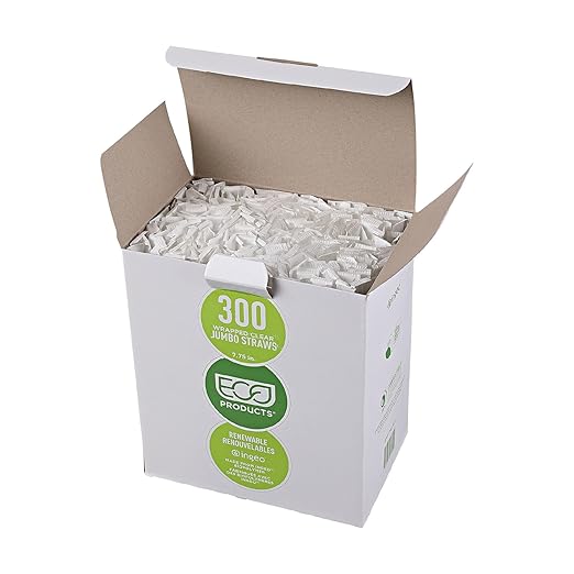 Eco-Products Compostable Paper Wrapped Plastic Straws, 7.75" Long, 8mm Diameter, Box of 300, Clear Disposable Plant Based PLA Plastic, Standard Sized Drinking Straws, ASTM Compliant, BPI-Certified