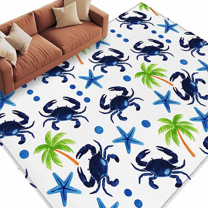 Area Rug 6x9ft, Abstract Blue Crab Starfish Washable Rugs for Living Room Bedroom, Watercolor Palm Tree Soft Non-Slip Area Rugs Rectangle Floor Carpet for Dining Room