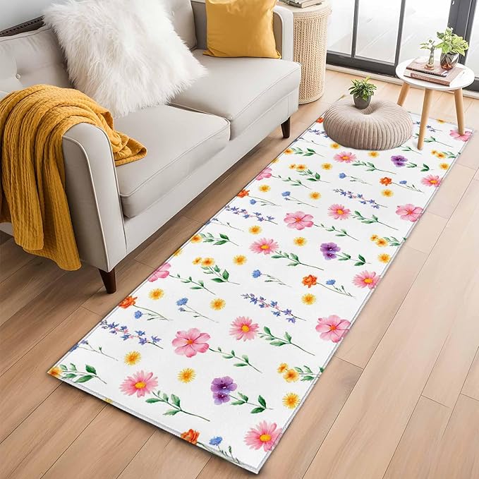 Runner Rug for Bedroom Hallway, Watercolor Farmhouse Flower Kitchen Runner Rugs Area Rug 2x6ft, Yellow Pink Purple Blue Floral Washable Soft Floor Carpet for Entryway Stair