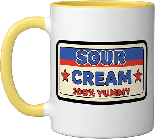 Sour Cream 100% Yummy Retro Food Label Vintage Snack Ceramic Mug, Yellow/White