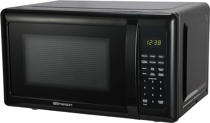 Emerson MW7302B Compact Countertop Microwave Oven with Touch Control, LED Display, 700W, 10 Power Levels, 6 Auto Menus, Glass Turntable and Child Safe Lock, 0.7 Cu., Ft. Black