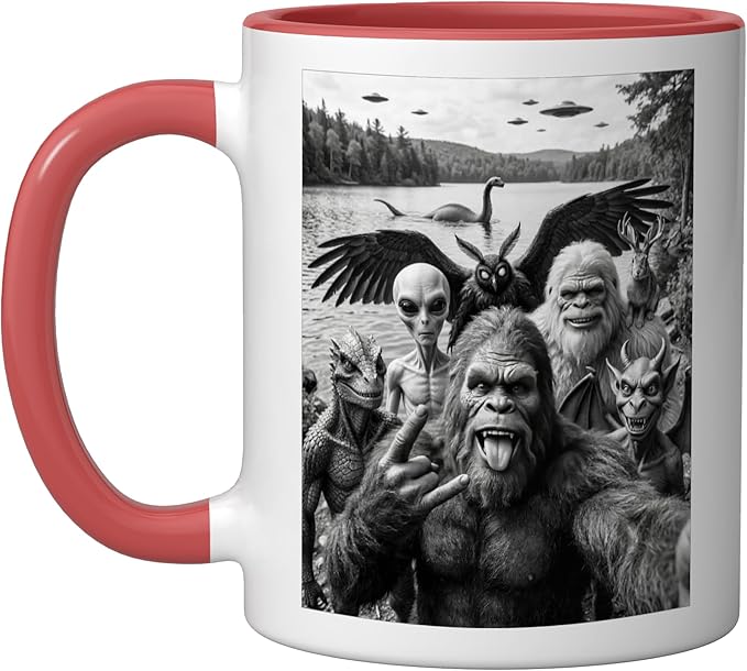 Bigfoot Alien Loch Ness Monster UFO Cryptids Selfie Ceramic Mug, Red/White