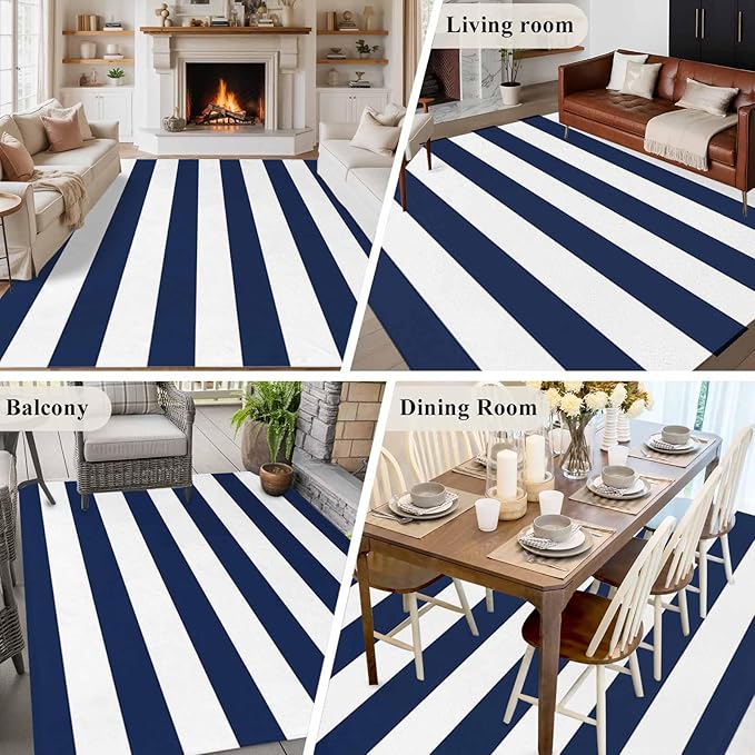 Area Rug 6x9ft, Nautical Black and White Stripes Washable Rugs for Living Room Bedroom, Striped Soft Non-Slip Area Rugs Rectangle Floor Carpet for Dining Room