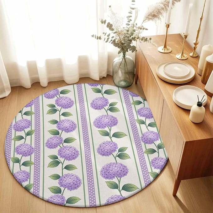 Washable Round Area Rug Watercolor Hydrangea Flower Circle Rugs Floor Carpet for Living Room Bedroom, Spring Floral Leaves on Linen Soft Non Slip Round Rug 3ft