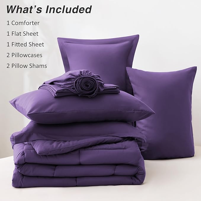 Love's cabin King Size Comforter Set Dark Purple, 7 Pieces King Bed in a Bag, All Season Bedding Sets with 1 Comforter, 1 Flat Sheet, 1 Fitted Sheet, 2 Pillowcase and 2 Pillow Sham | Soft, Breathable, Lightweight, Comfortable