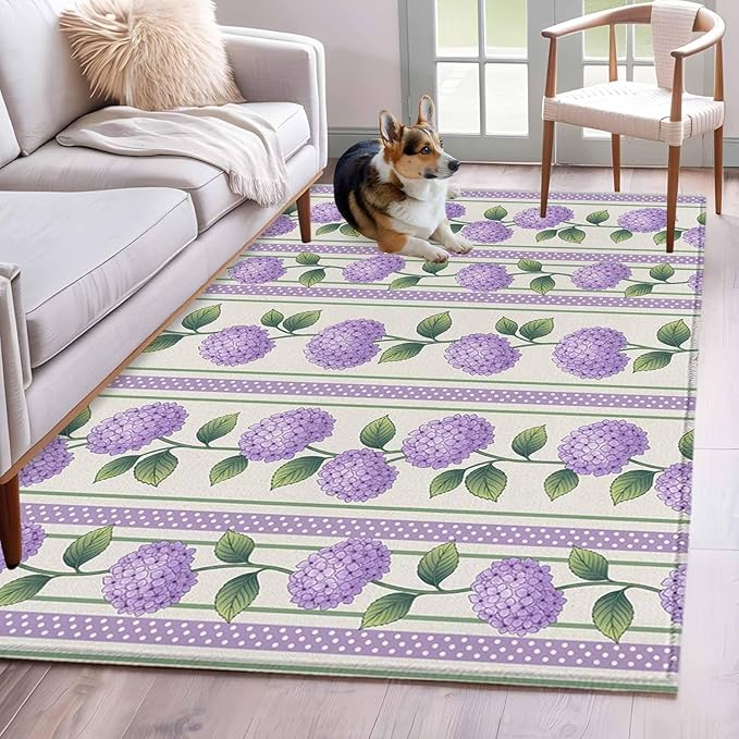 Area Rug 4x6ft, Watercolor Hydrangea Flower Washable Rugs for Living Room Bedroom, Spring Floral Leaves on Linen Soft Non-Slip Area Rugs Rectangle Floor Carpet for Dining Room