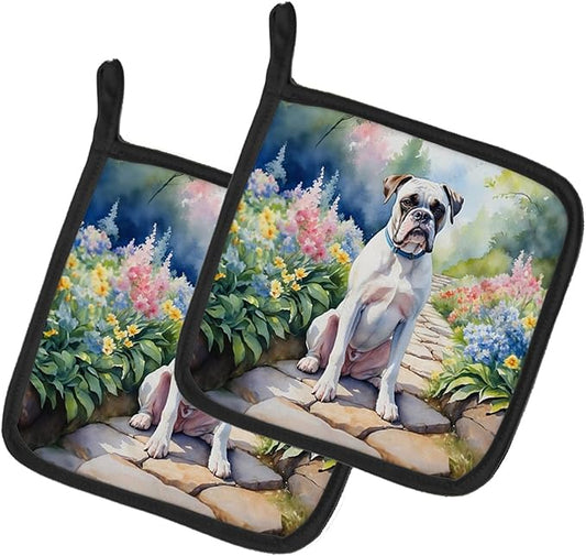 Caroline's Treasures White Boxer Spring Path Pair of Pot Holders Kitchen Heat Resistant Pot Holders Sets Oven Hot Pads for Cooking Baking BBQ, 7 1/2 x 7 1/2